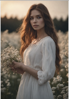 a girl,long brown hair,wearing white dress,delicate and beautiful face,field full of flowers, morning glow，8k,ambient lighting,cinematic，gloomy，portrait