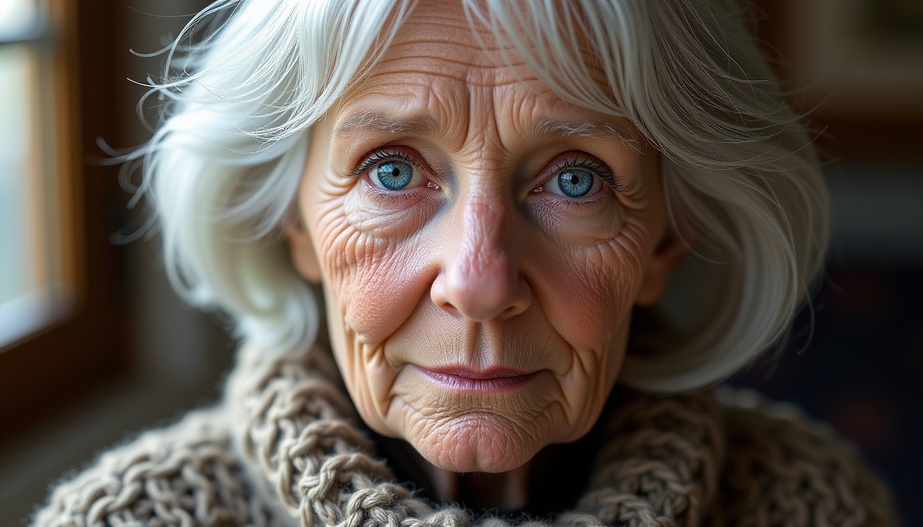 A close-up portrait of an elderly woman