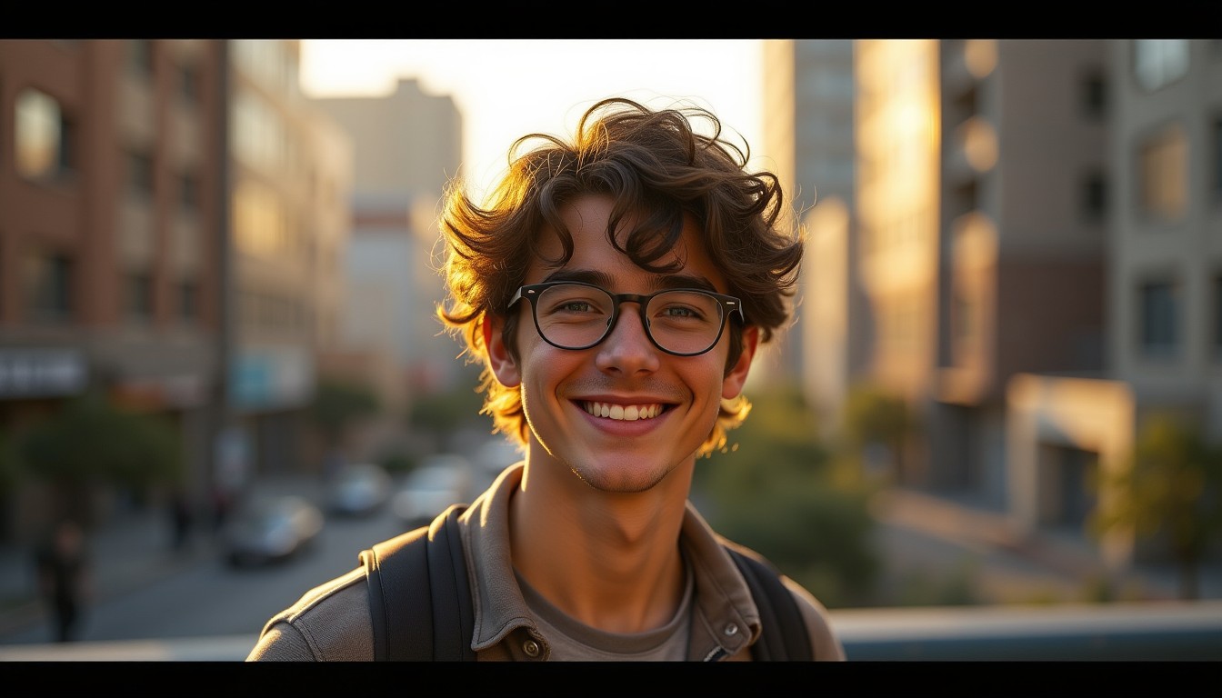 A young man with curly hair and glasses