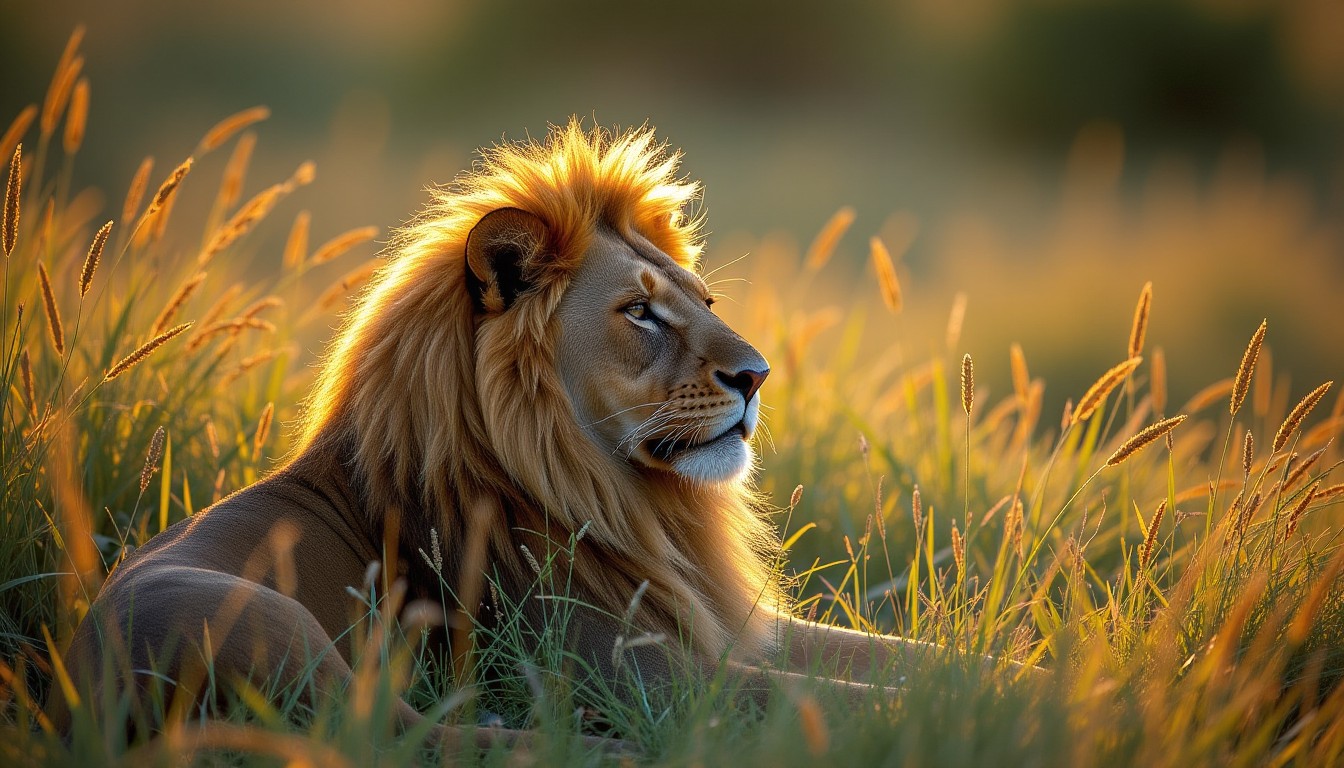 A majestic lion resting in the tall grass of the savannah