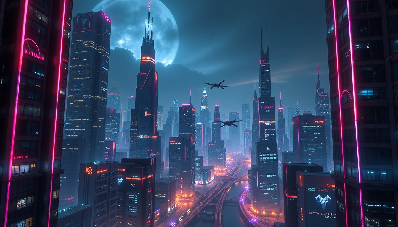 A futuristic cityscape at night