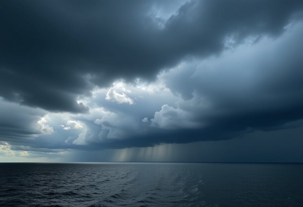 Flux Prompt: “A dramatic stormy sky over a calm...