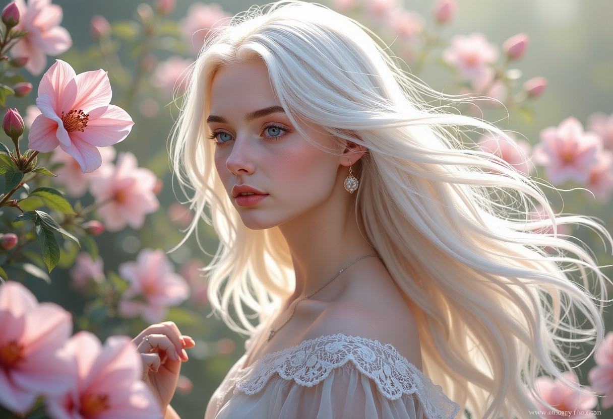 AI Prompt Examples for A young woman with flowing white hair