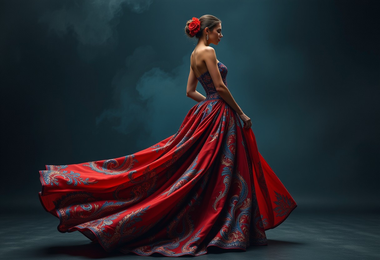 AI Prompt Examples for An elegant pose of a woman in a flowing dress